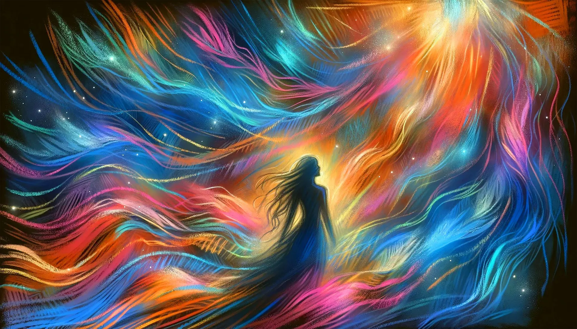 Figure artistique représentant une silhouette féminine au centre entourée de flux colorés et lumineux qui évoquent des énergies vibratoires et un crépitement de lumière.