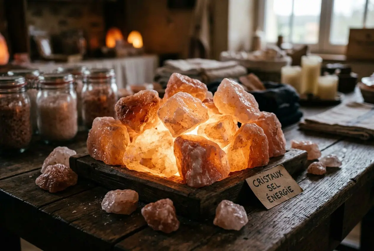 Géode de cristaux en gros sel chauffés, illuminant une table en bois avec étiquettes “cristaux sel énergie”, ambiance méditative pour purifier son énergie vitale