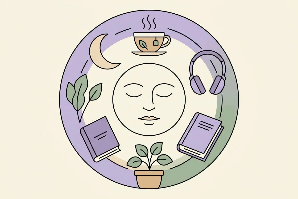 Illustration circulaire apaisante d’un visage au centre, lune et tasse à café au-dessus, livres, plantes et casque audio autour. Hypersensibilité fatigue évoquée.