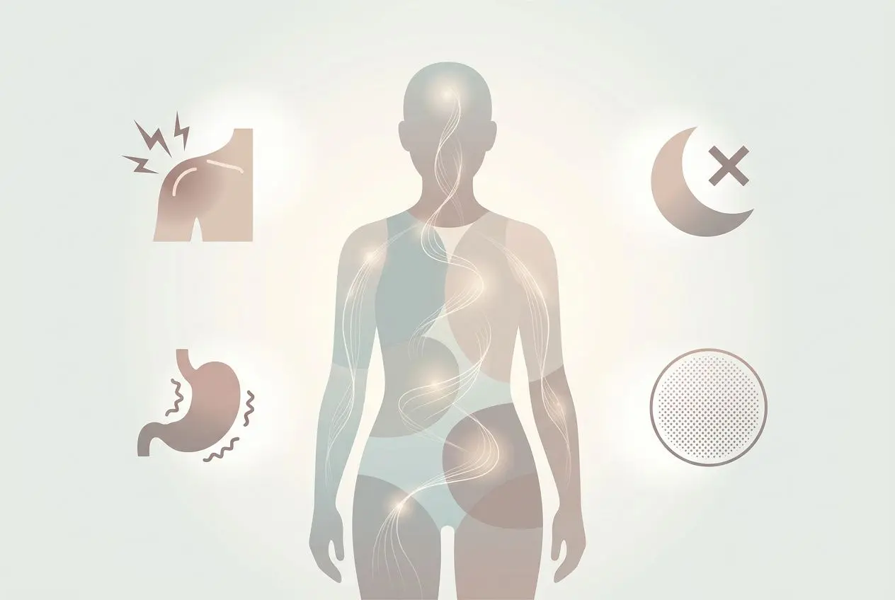 Illustration d’un corps humain translucide avec des flux énergétiques visibles; éléments symboliques autour: épaule douloureuse, estomac, lune et motif respiratoire. texte: blocage émotionnel symptômes.