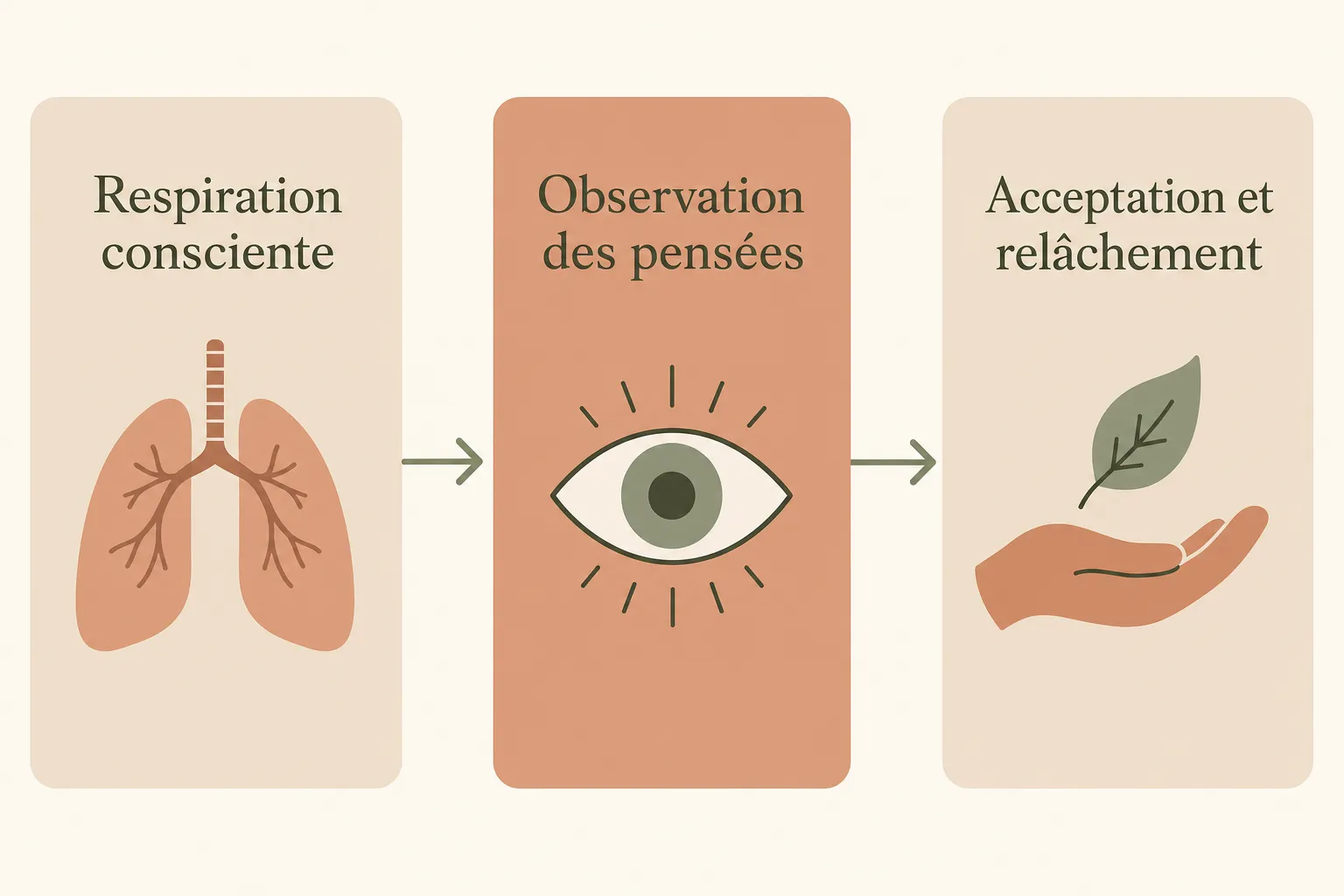 Lâcher prise définition psychologie et étapes montrées : respiration consciente, observation des pensées et acceptance et relâchement.