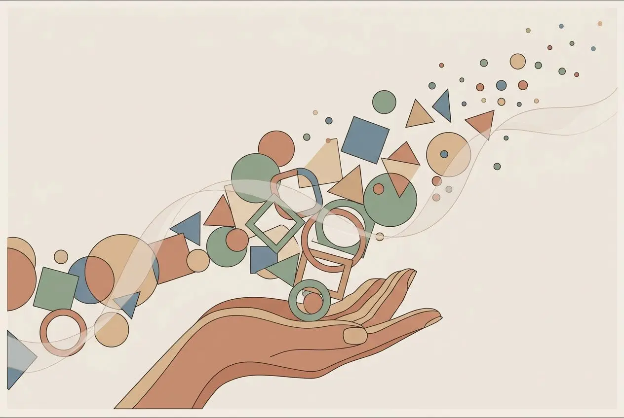 Main image illustrant le lâcher prise avec une main qui reçoit des formes géométriques colorées qui s’envolent, représentant la définition psychologie du lâcher prise.
