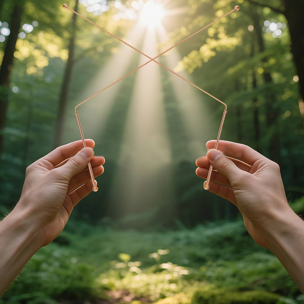 Mains tenant un cadre métallique triangulaire en bois dans une forêt lumineuse, rayon de soleil filtrant entre les arbres.