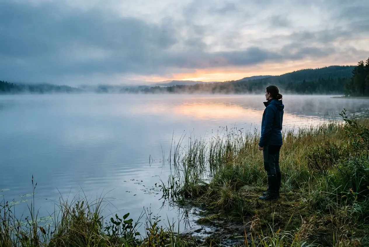 Personne debout au bord d’un lac calmes, au lever ou coucher du soleil, contemplant l’horizon et la brume sur l’eau. Intègre le mot-clé: lâcher prise définition psychologie.