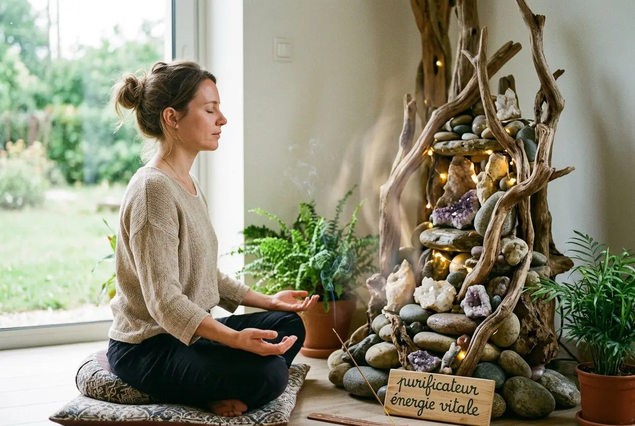 Personne en méditation assise sur un tapis, près d’un autel avec pierres et branches, signifiant purificateur énergie vitale.