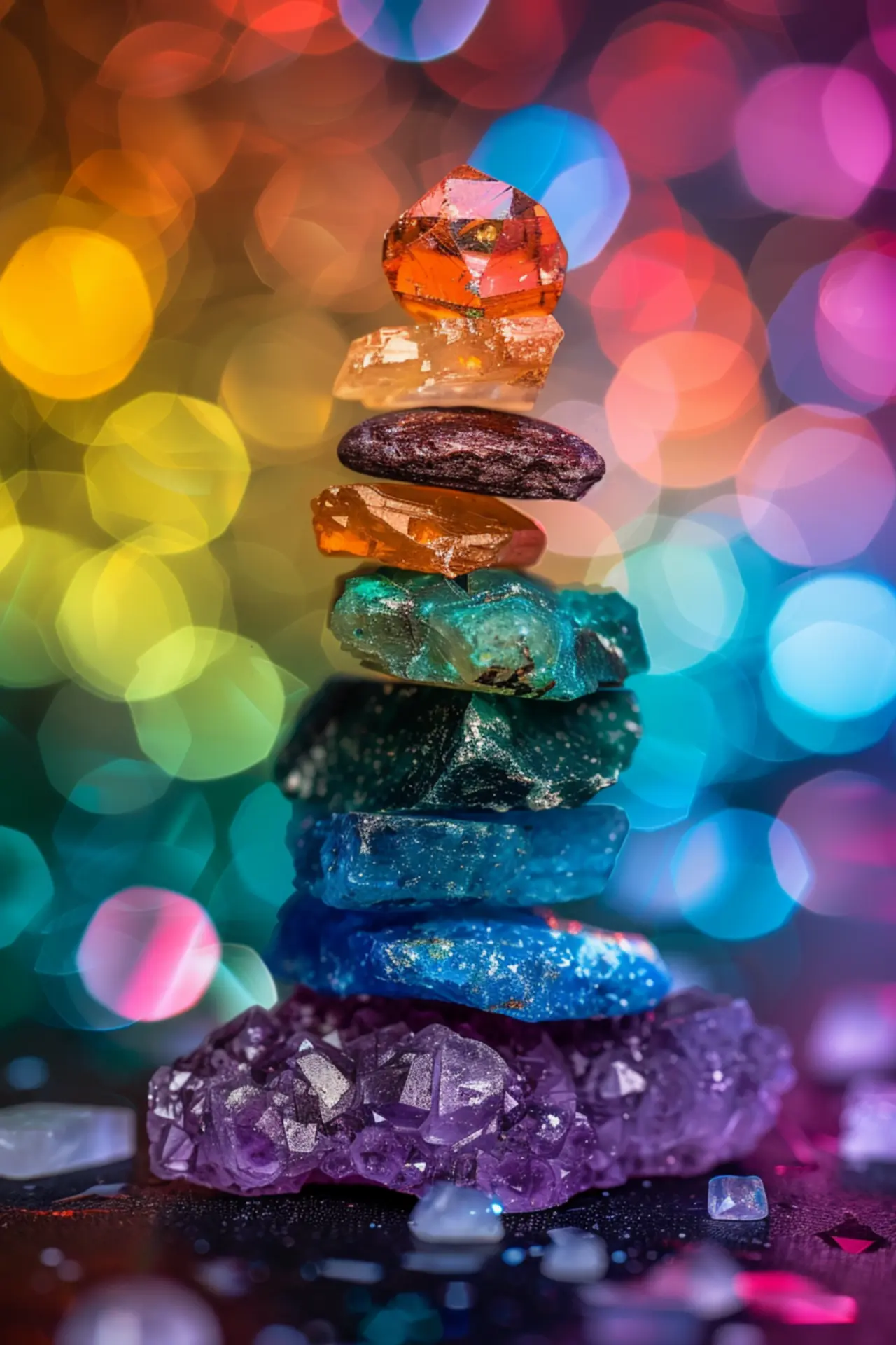 Pyramide de pierres et cristaux colorés empilés, alignée sur fond bokeh multicolore lumineux.