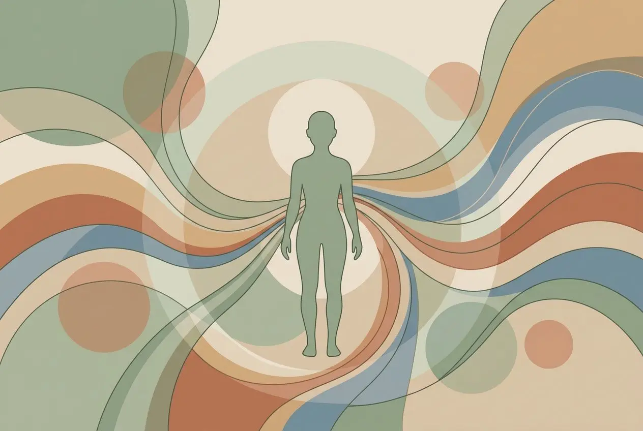 Silhouette humaine au centre entourée de formes et d’ondes colorées évoquant des flux émotionnels, illustrant les blocages émotionnels et leur libération. Blocages émotionnels comment s'en libérer.