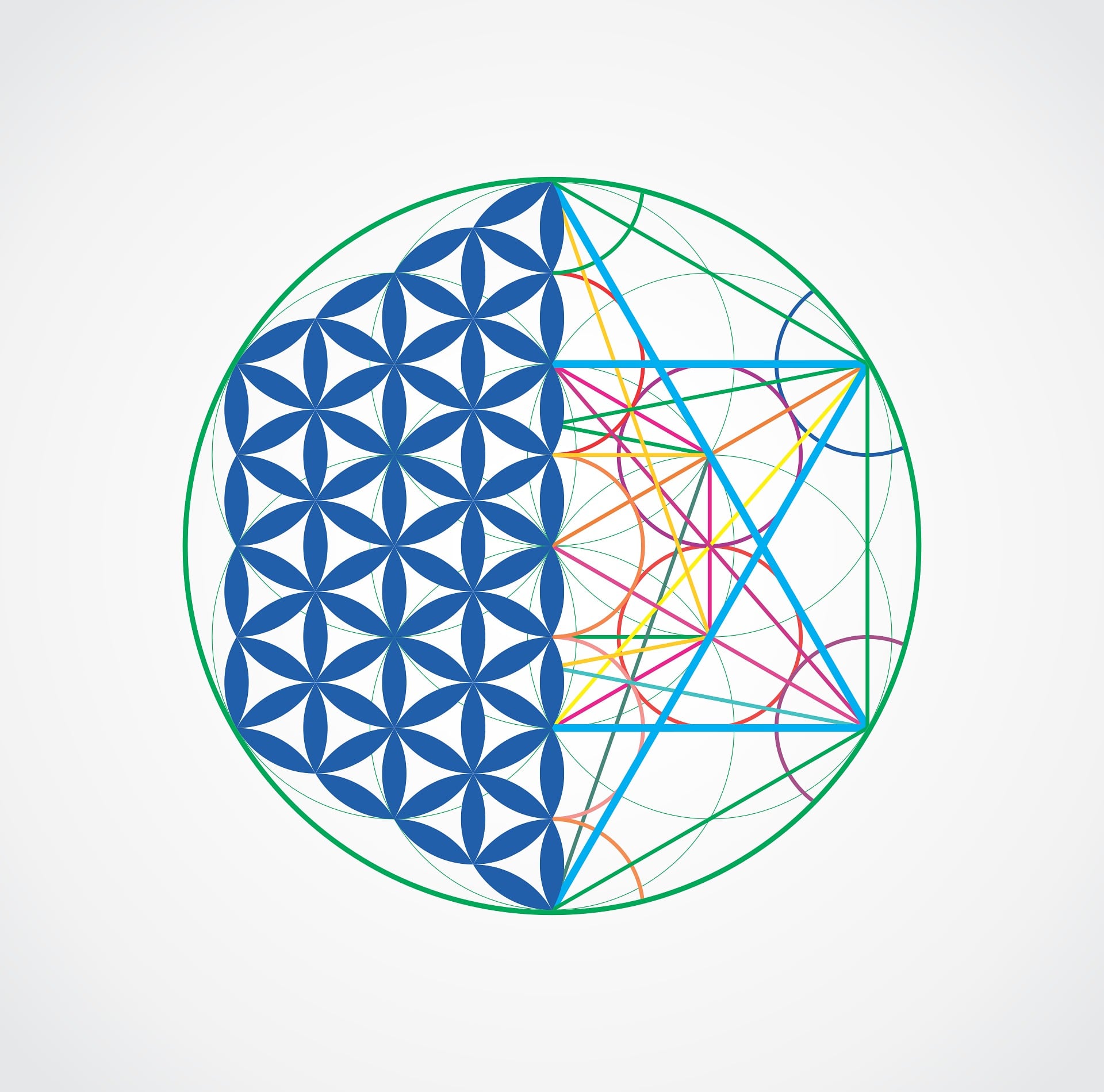Symbole géométrique complexe en cercle, motifs hexagonaux bleus à gauche et tracés colorés croisés à droite, cadre vert.
