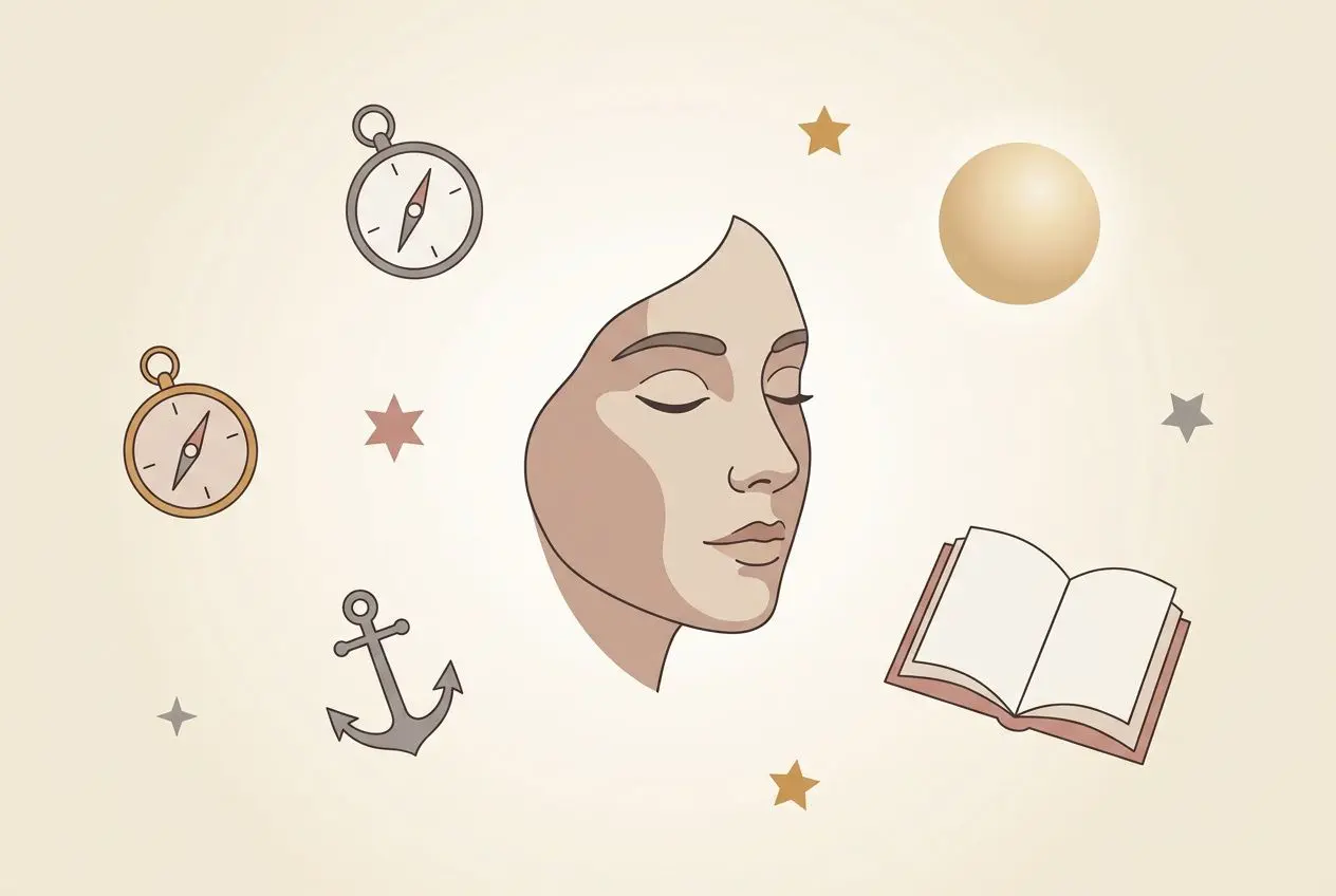 Visage féminin au centre, orbite lumineuse autour de lui; éléments symboliques (horloges, ancre, livre) évoquant perte de repères psychologie et quête d’identité.