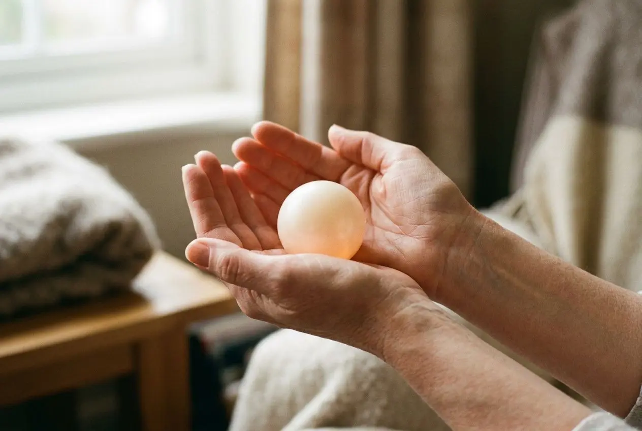 Visage et mains tenant une petite sphère blanche lumineuse, symbole de fragilité et de recherche de stabilité. alt text intégré avec perte de repères psychologie.