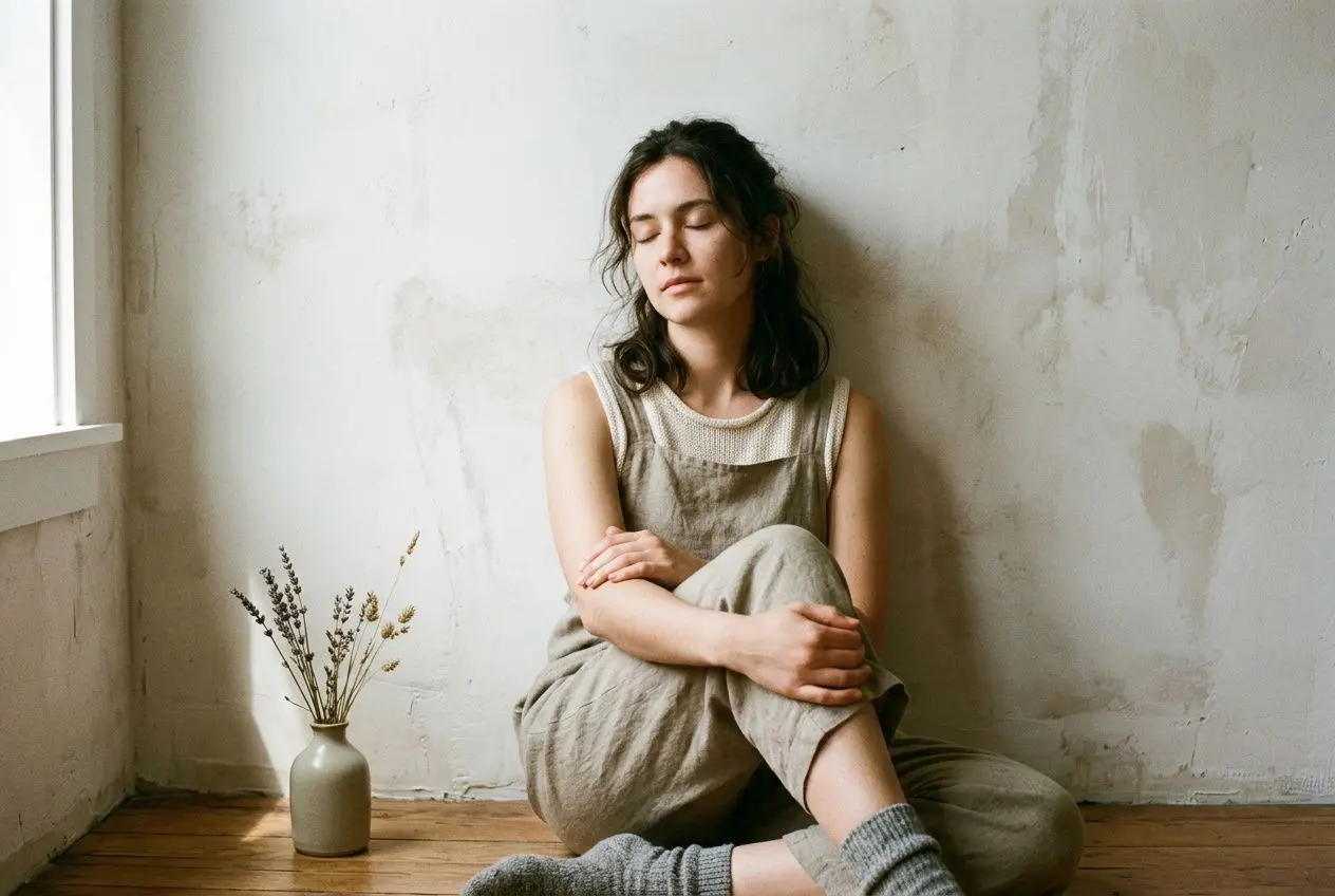 Visualisation d'une femme assise par terre, yeux clos, dans une pièce lumineuse et minimaliste, vêtue d'une robe beige, exprimant une fatigue émotionnelle liée à l'hypersensibilité. Hypersensibilité fatigue est au cœur de la description.