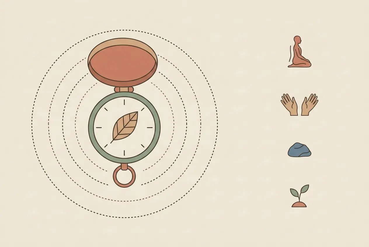 Alt: Montre de poche stylisée avec feuille à l’intérieur, cercles concentriques autour. À droite, silhouettes de méditation, mains ouvertes, pierre et jeune plant. intégrer: comment retrouver ses repères.