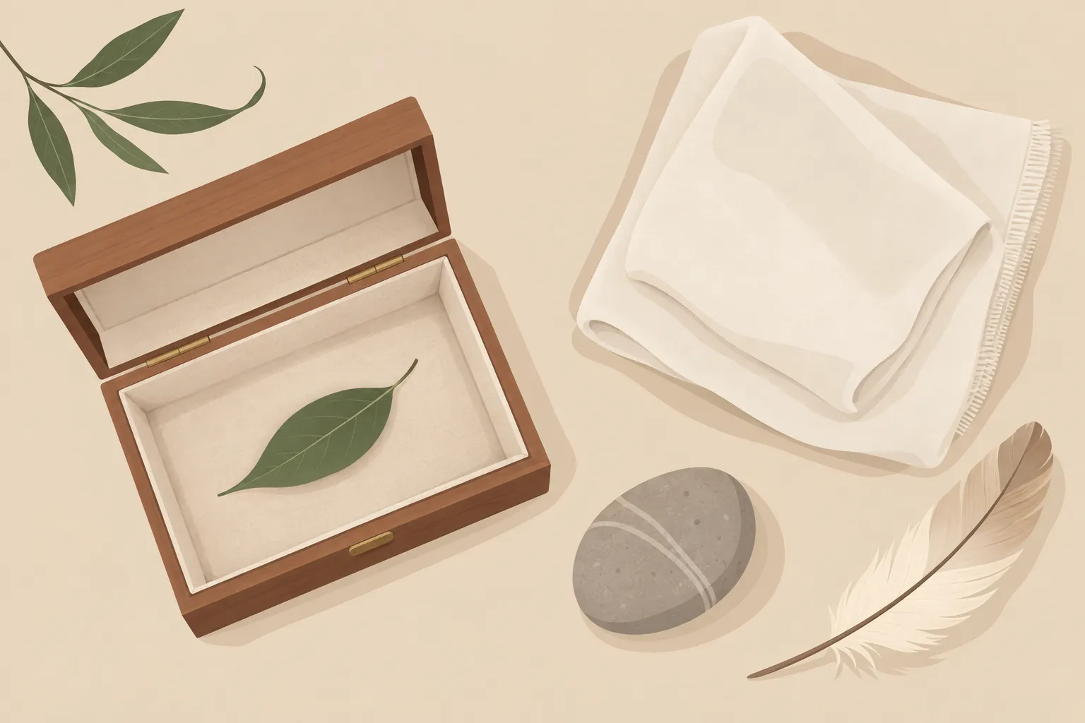 Boîte en bois ouverte avec une feuille à l’intérieur, sur fond clair accompagnée d’un galet, d’une plume et d’un voile de