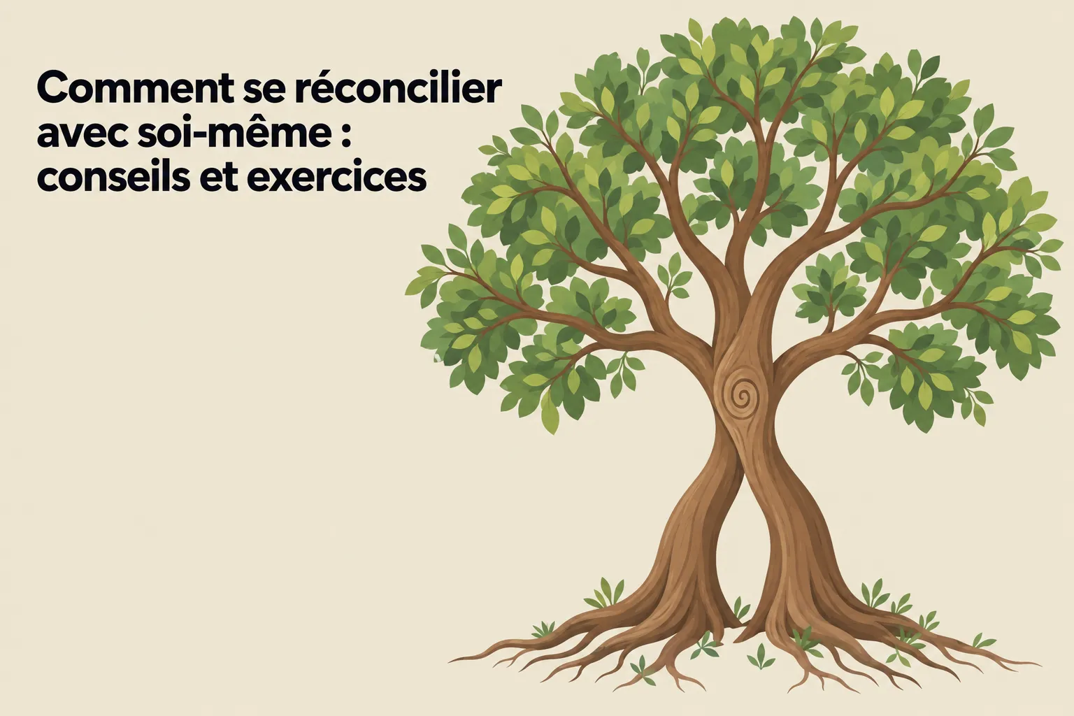 Comment se réconcilier avec soi-même : illustration d’un arbre bicéphale avec racines entremêlées et feuillage dense, symbolisant l’harmonie intérieure.
