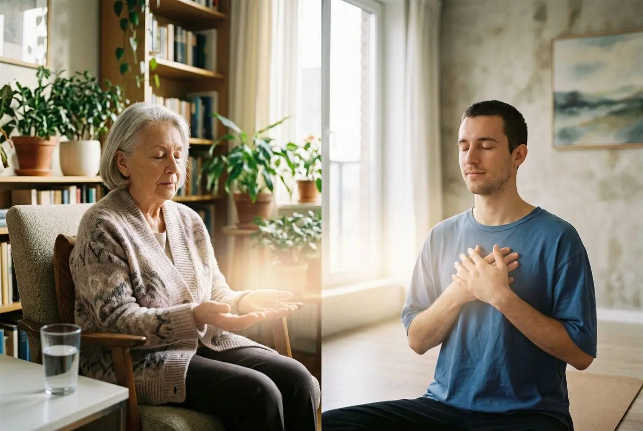 Deux personnes en séance de guérison énergétique à distance : une femme âgée assise chez elle, les mains ouvertes et détendues, et un homme assis en méditation, les mains sur le cœur, dans une ambiance calme avec plantes et lumière naturelle.