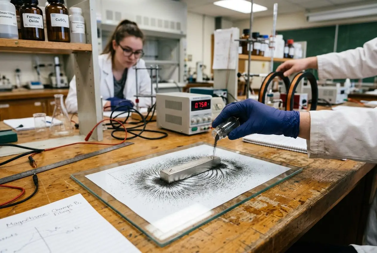 Expérience de magnétisme et science: une expérience en laboratoire avec liquide déversé sur une plaque, observant des motifs d’onde autour d’un aimant, travaux de chercheurs en sciences physiques.