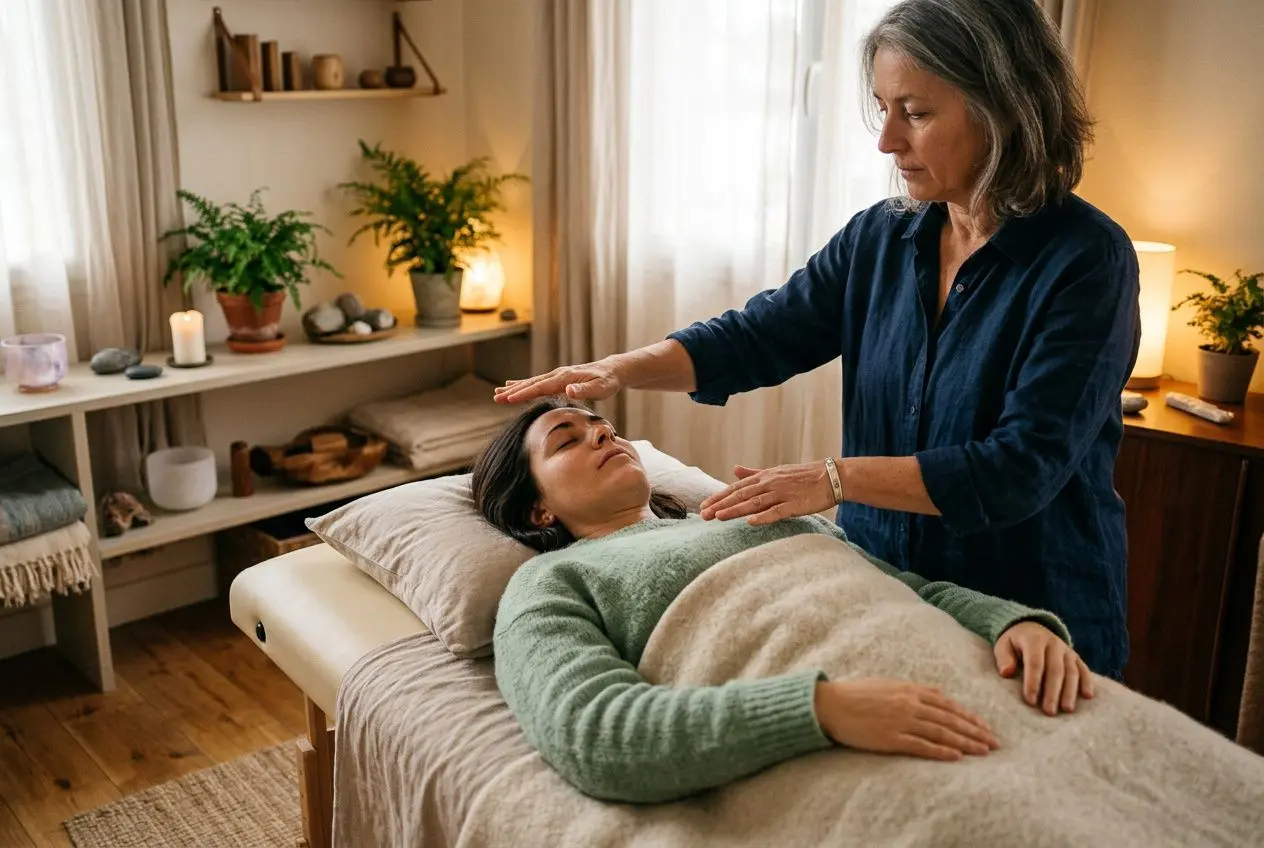 Femme allongée sur une table de soin, une praticienne pose les mains au-dessus du buste dans une pièce calme et chaleureuse. Magnétisme et science possibles?