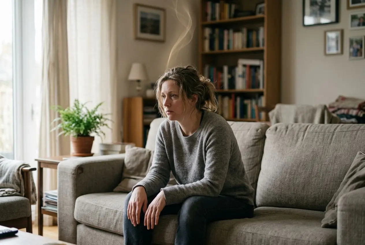 Une femme assise sur un canapé, l’air pensif, dans un salon avec bibliothèque et plantes d’intérieur.