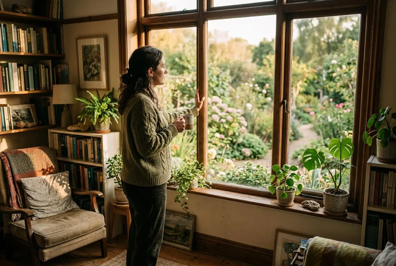 Femme debout près d’une grande fenêtre, regard pensif dehors, tasse à la main, dans un salon chaleureux rempli de plantes et de livres. Hypersensibilité et transition de vie.
