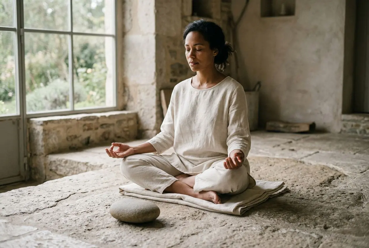 Femme méditant en position lotus dans une pièce lumineuse, pratique de la reconnexion à soi même techniques, ambiance calme et zen.