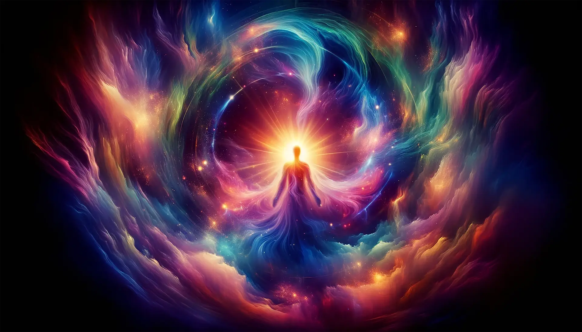 Figure abstraite et lumineuse montrant une silhouette humaine entourée d’un halo doré, au cœur d’un vortex coloré d’énergies iridescentes.