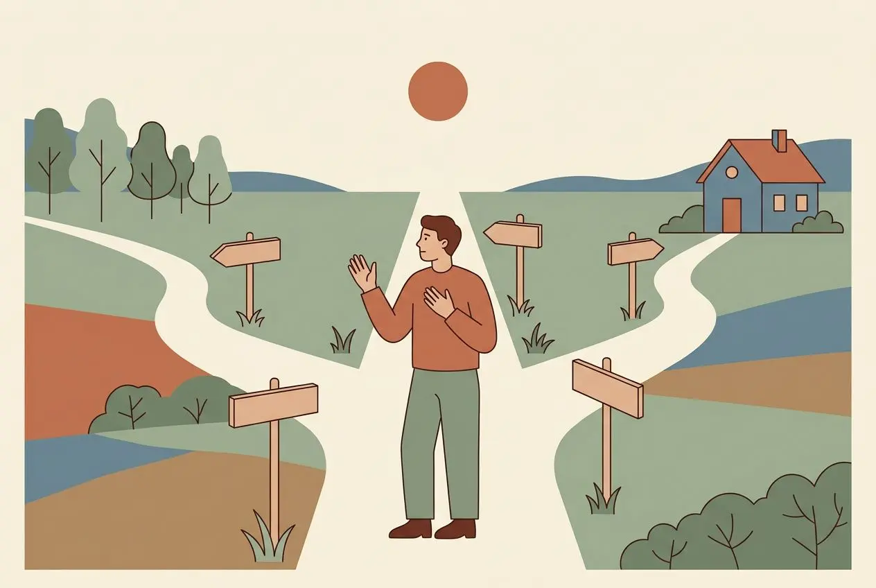 Homme debout au croisement de chemins, signes indicateurs autour, campagne paisible et soleil en arrière-plan, illustration sur le thème de comment se reconnecter a son intuition.