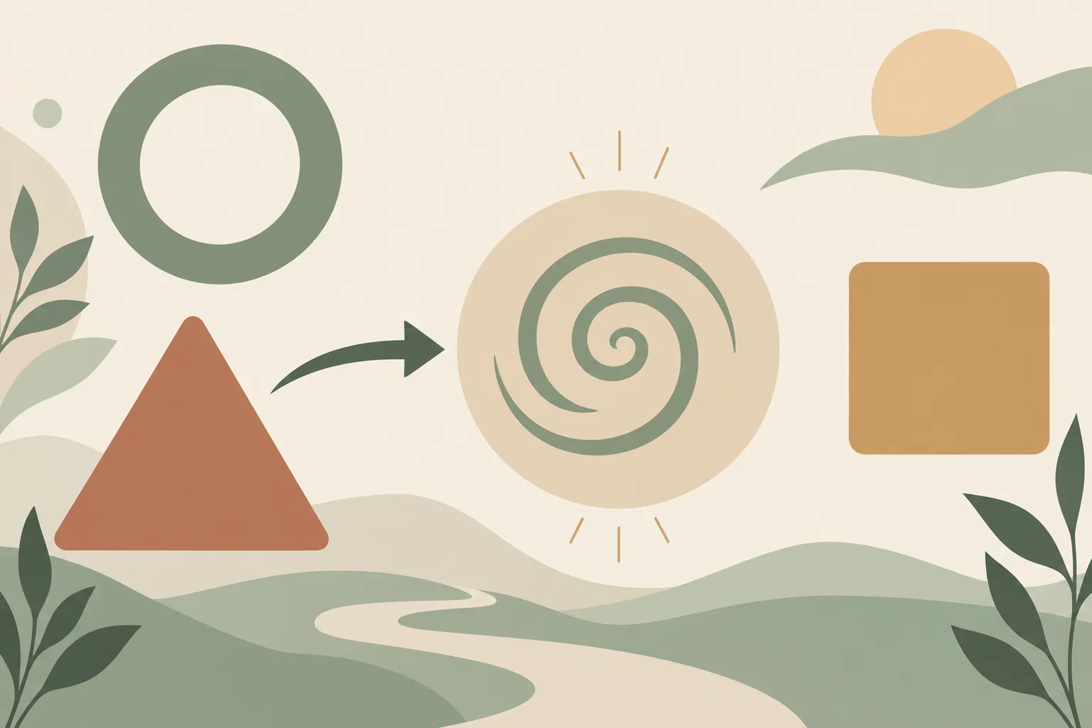 Illustration abstraite montrant des formes géométriques (cercle, triangle, spirale) et une flèche, paysage doux avec rivière et végétation. comment se réconcilier avec soi-même integré?