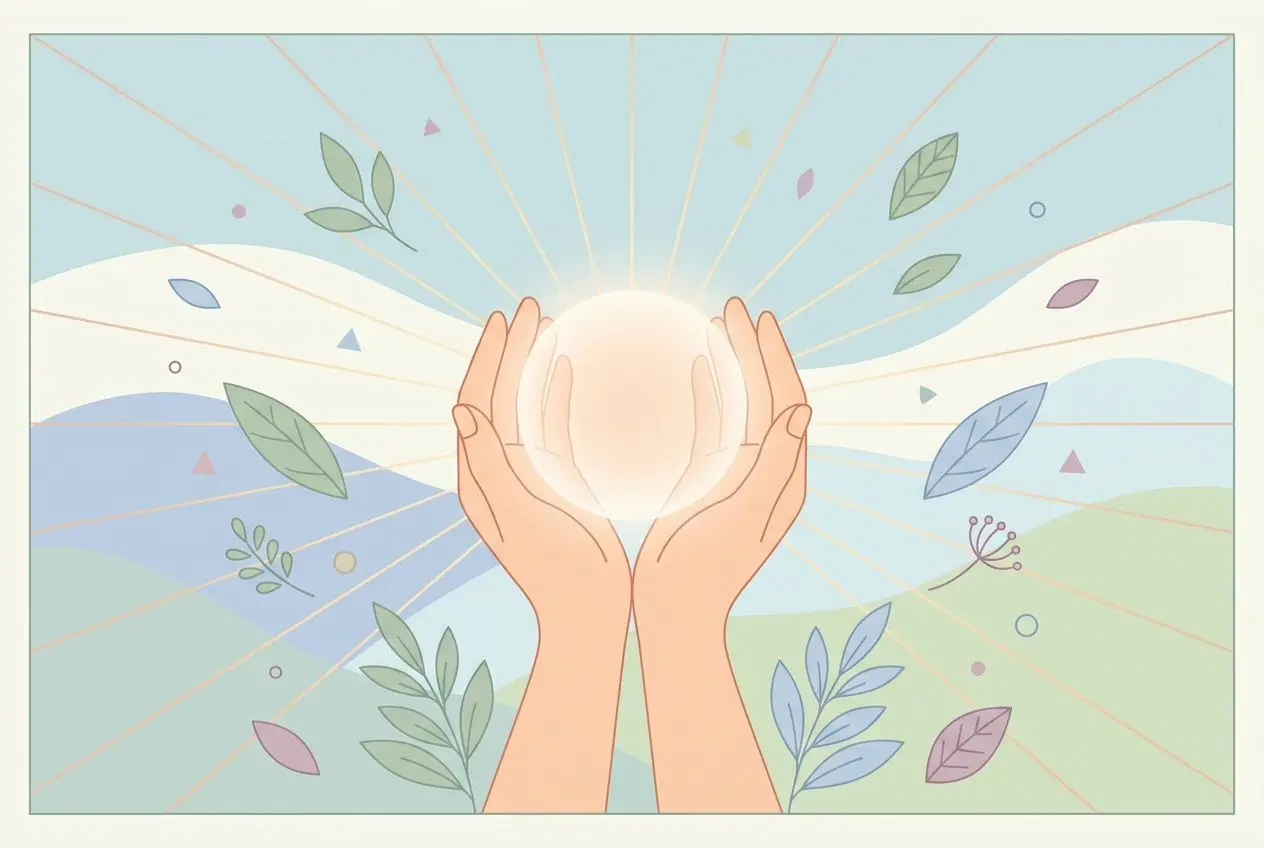 Mains tenant une sphère lumineuse, symbole de soutien, entourée d’éléments naturels et de rayons—illustration apaisante autour des thèmes d’ hypersensibilité et transition de vie.