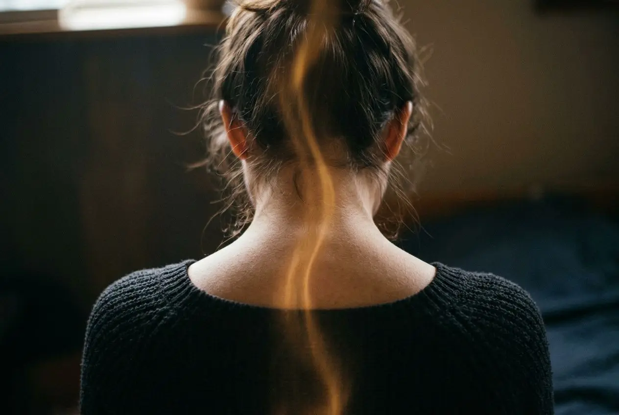 Nuque d’une personne assise, tresses en chignon et traîneau de lumière dorée traversant le dos, évoque l’énergie vitale et le bien‑être. Qu'est-ce que l'énergie vitale.