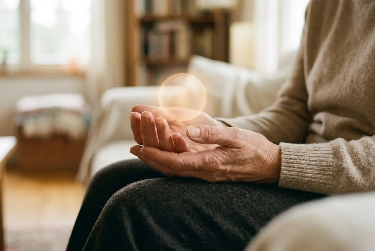 Personne assise, mains ouvertes devant elle, une lueur orbiculaire lumineuse flottant entre les mains, ambiance calme à domicile. (comment développer son intuition)