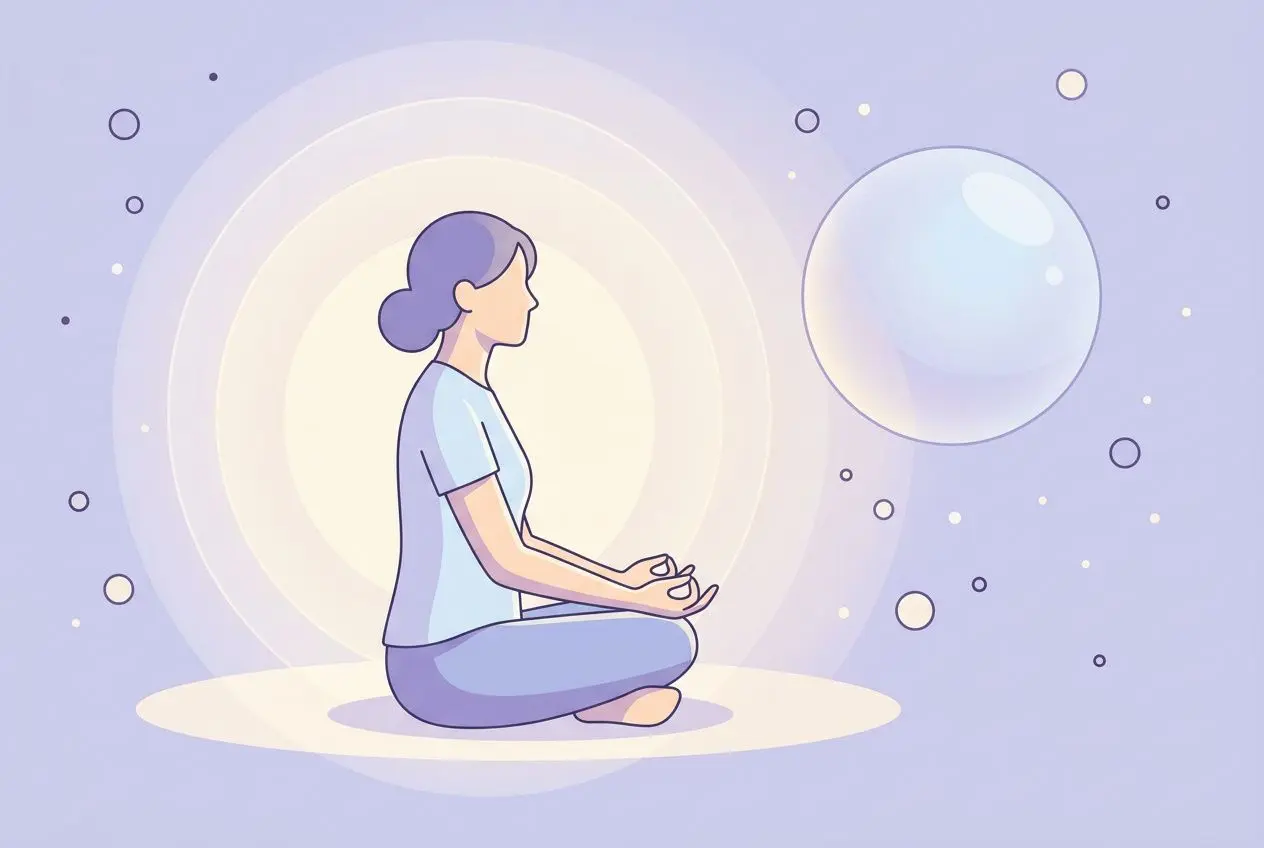 Personne assise en méditation, les jambes croisées, entourée d’un halo lumineux et d’astres, symbole de concentration sur l’intuition.
