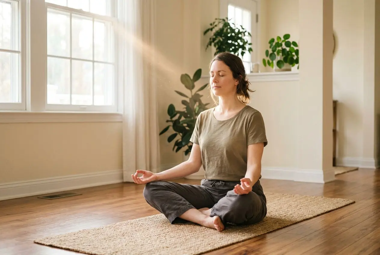 Personne assise en méditation sur un tapis dans une pièce lumineuse, les mains ouvertes et détendues sur les genoux.