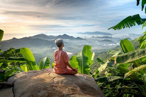Personne en méditation assise sur un rocher, entourée de bananiers, panorama de montagnes au lever du soleil. reconnexion à soi même techniques intégrée naturellement.