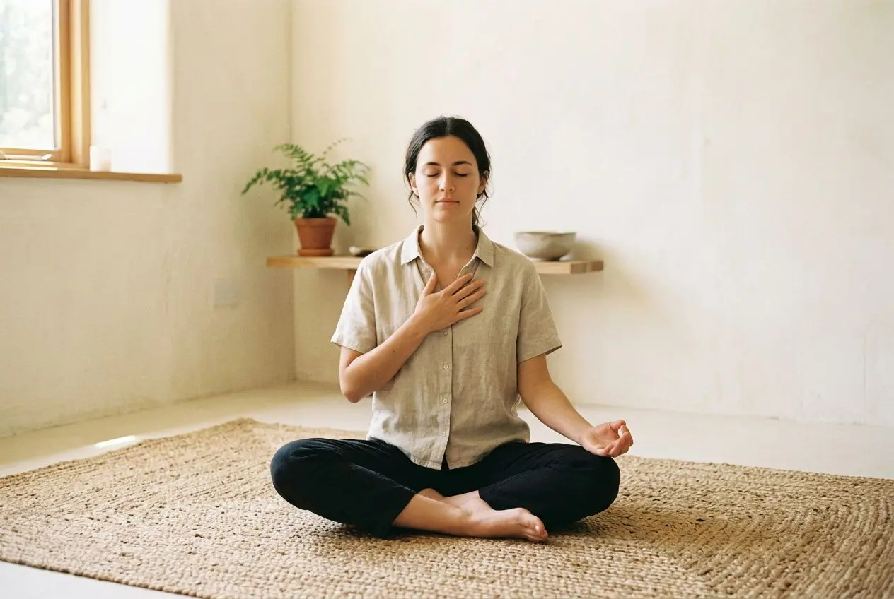 Personne en méditation assise sur un tapis, main sur la poitrine, ambiance calme pour apprendre comment se reconnecter a son intuition.