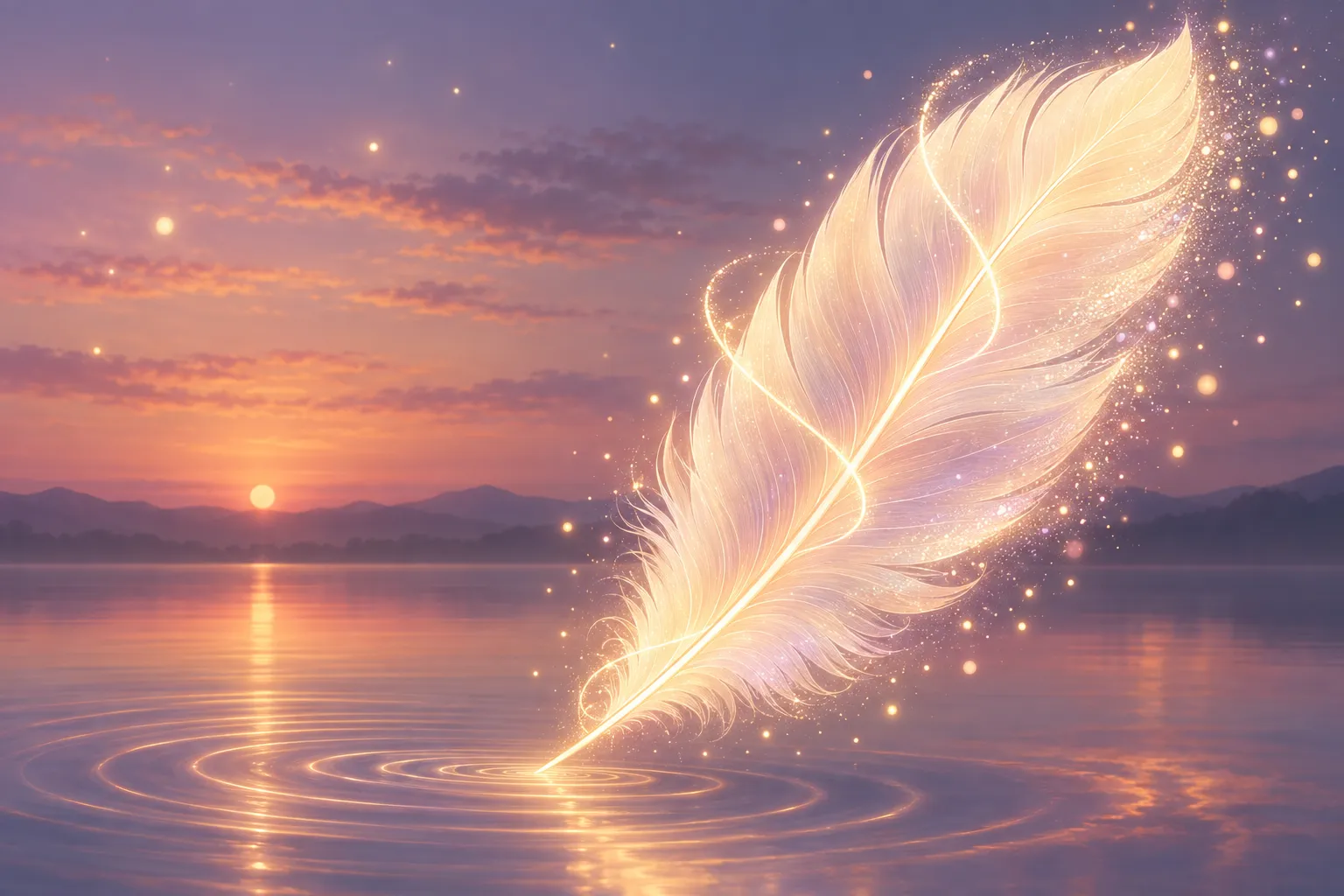 Plume lumineuse flottant au-dessus d’un lac au crépuscule, symbole du signe qu'on devient médium et de la médiumnité.
