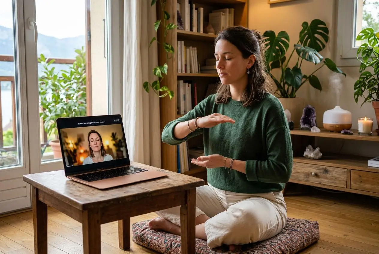 Séance de guérison énergétique à distance: une femme assise en tailleur sur un coussin, devant un ordinateur, concentrée, effectuant une prise de conscience énergétique avec les mains, dans un intérieur calme et lumineux.
