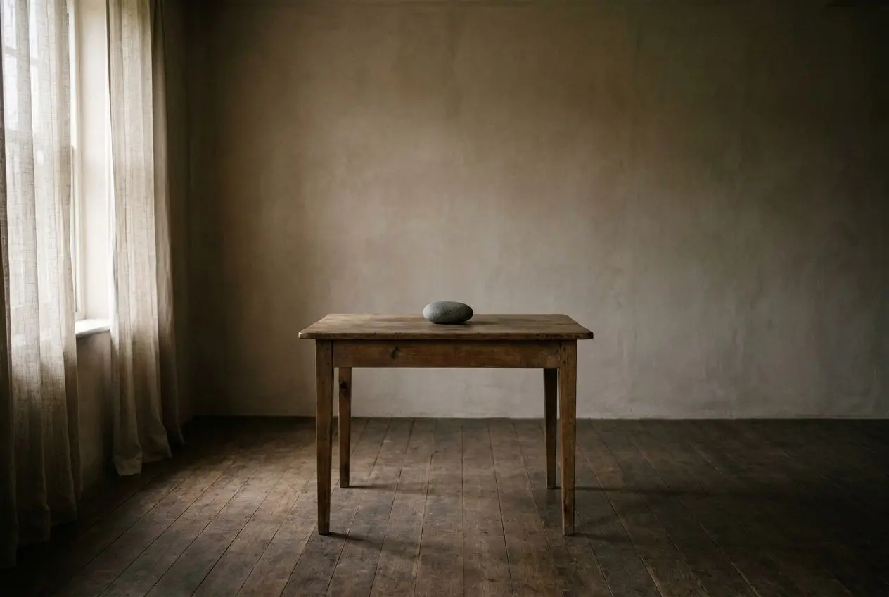Table en bois au centre d’une pièce vide, pierre posée dessus; ambiance calme et introspective. Comment retrouver ses repères.