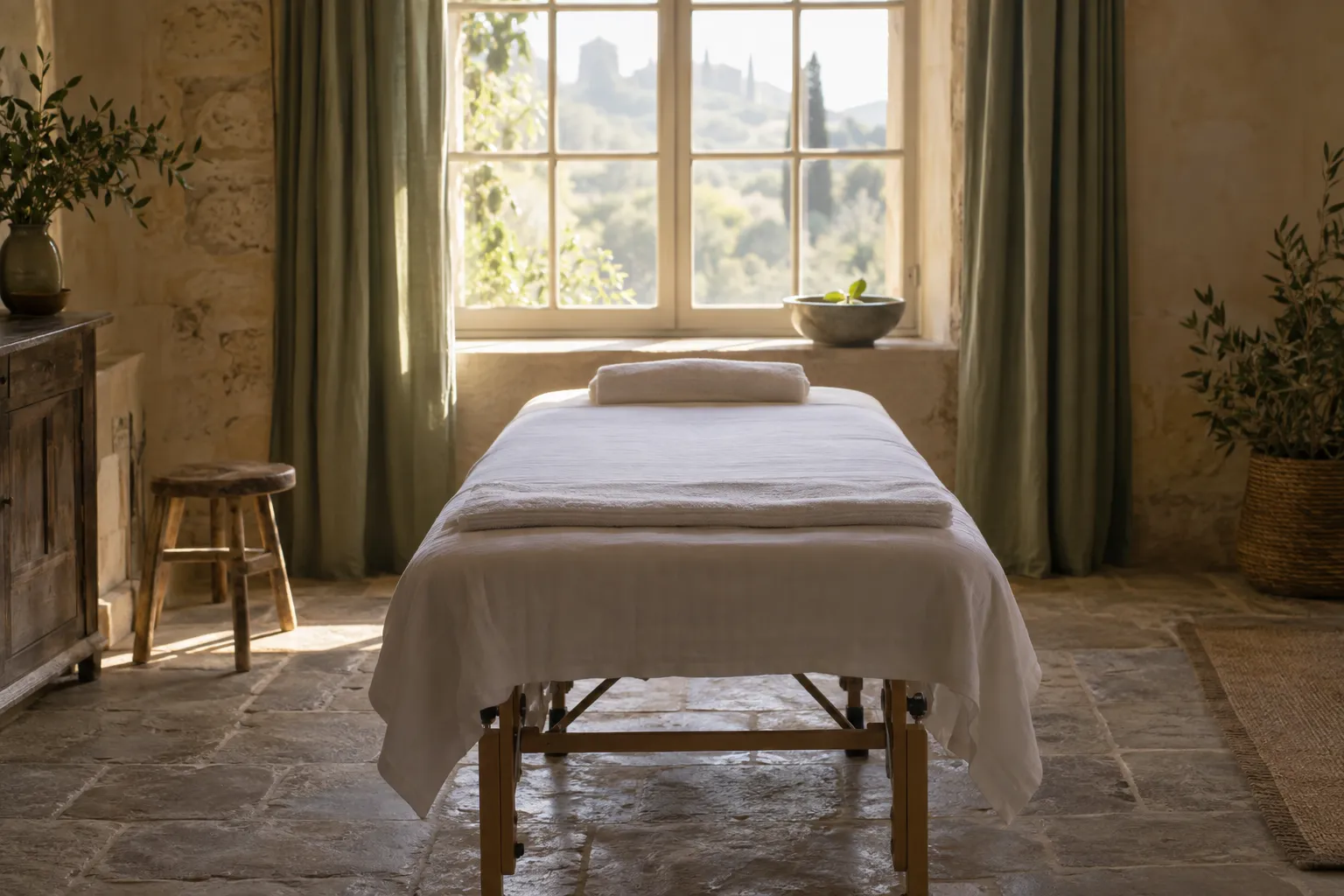 Table de soin prête dans une salle lumineuse et chaleureuse, ambiance spa, tapis et plantes. Peut-on apprendre le reiki traditionnel en formation individuelle en Dordogne ?