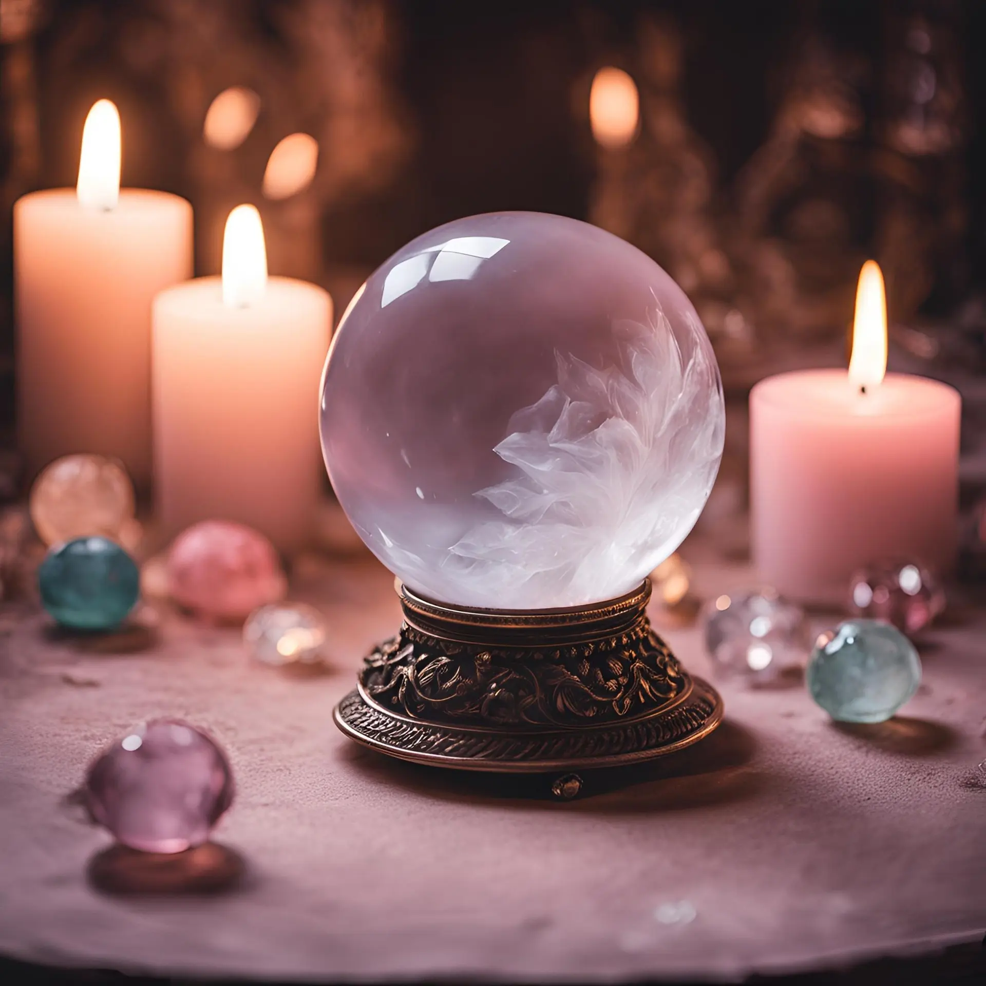 Boule de cristal sur socle orné, entourée de bougies et de pierres colorées, ambiance magique et énergétique.