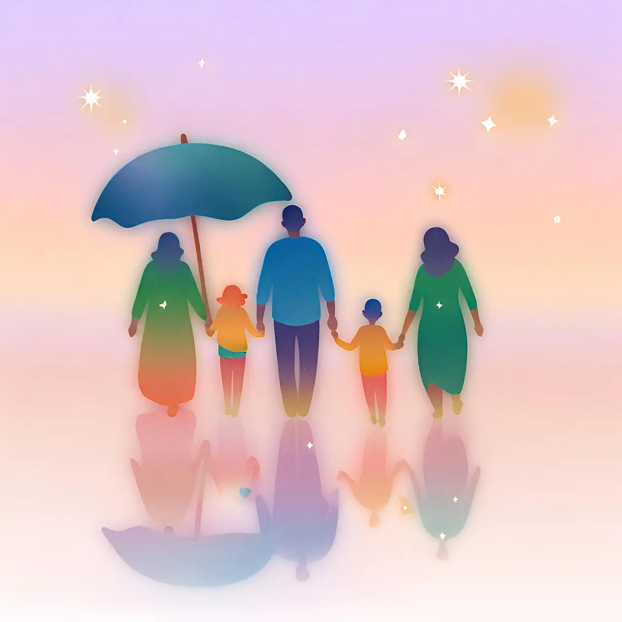 Famille unie sous un parapluie, silhouettes colorées se tenant par la main sur un fond pastel, reflet au sol.