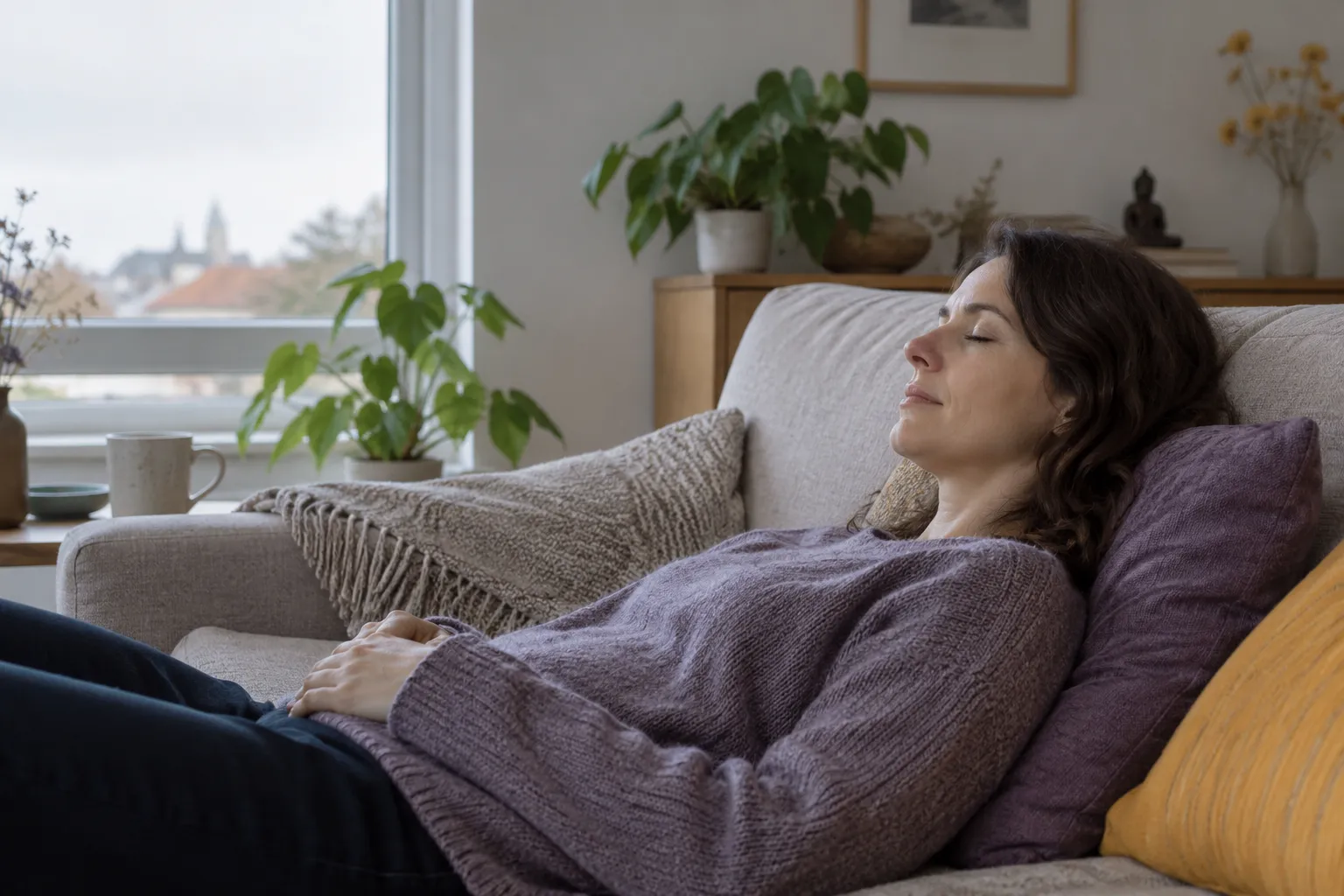 Une femme allongée sur un canapé, les yeux fermés, dans une ambiance domestique calme.