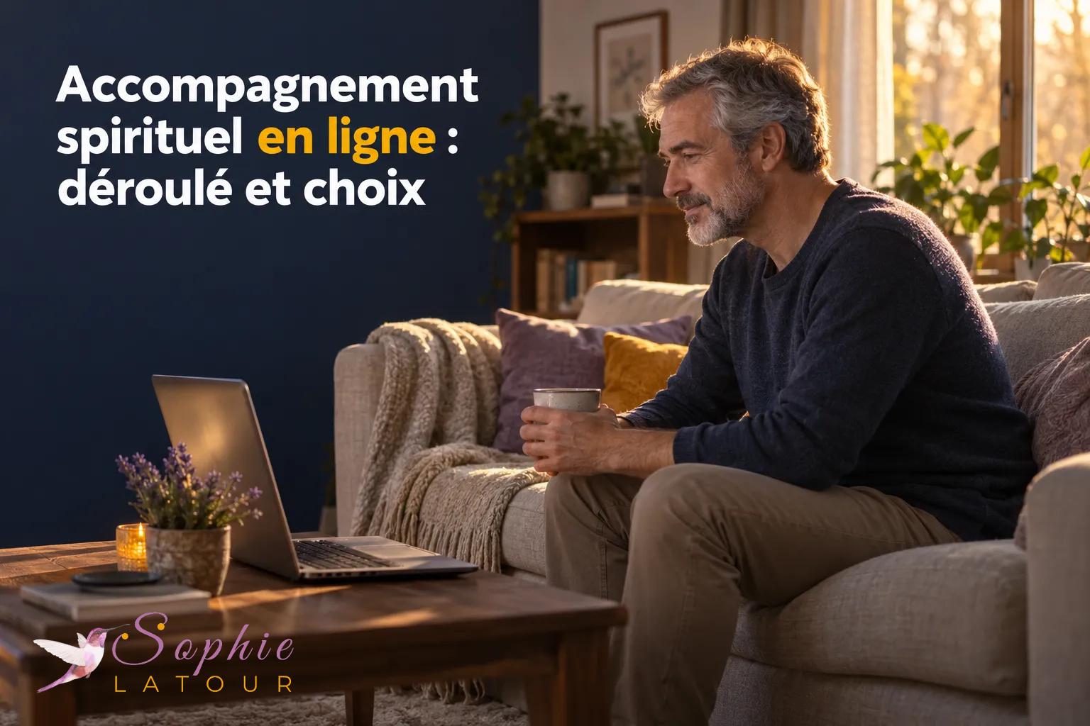 Un homme assis sur un canapé tient une tasse devant un ordinateur portable sur une table basse.