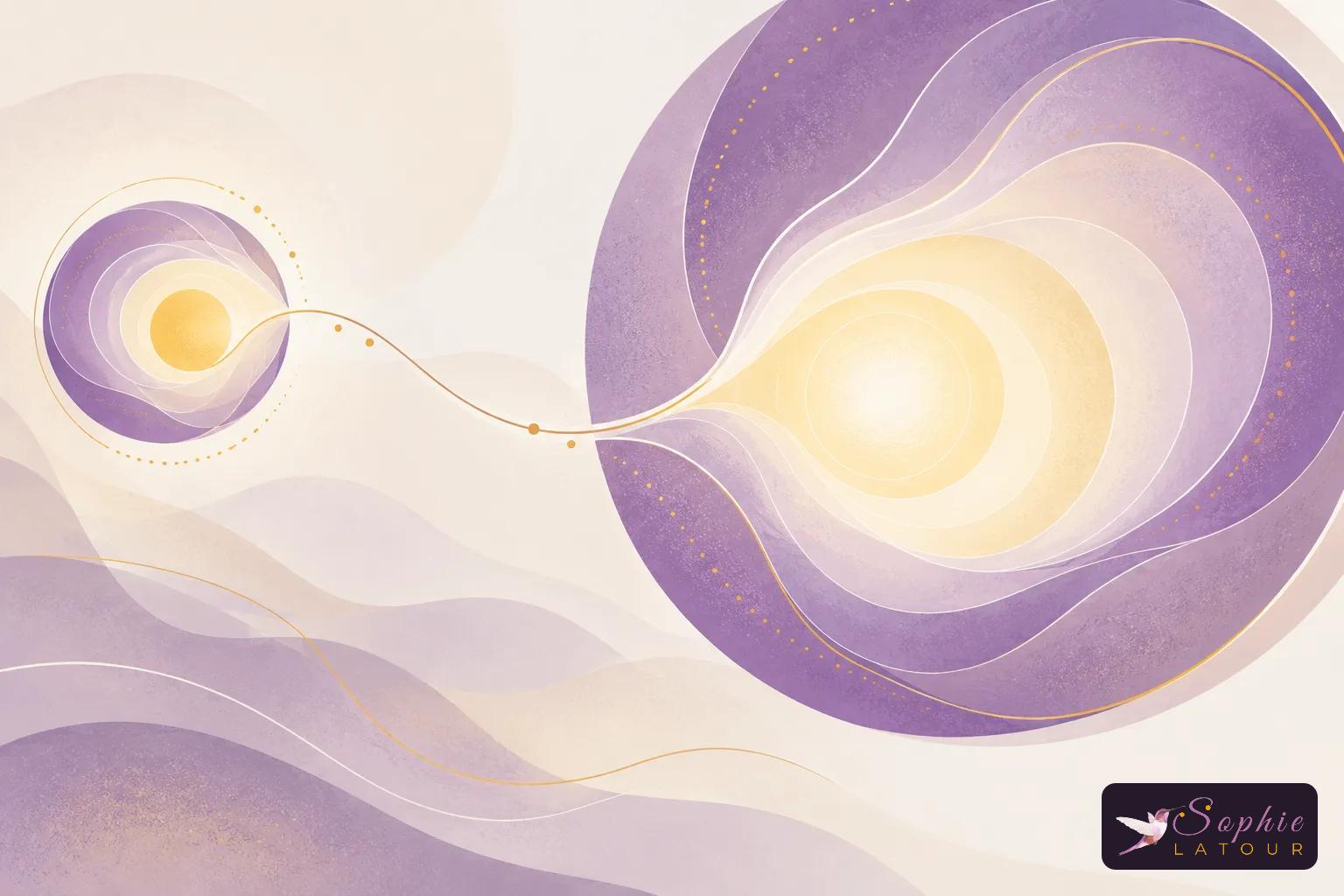 Une illustration abstraite montrant des cercles et des flux lumineux violets et jaunes évoquant le cheminement intérieur et