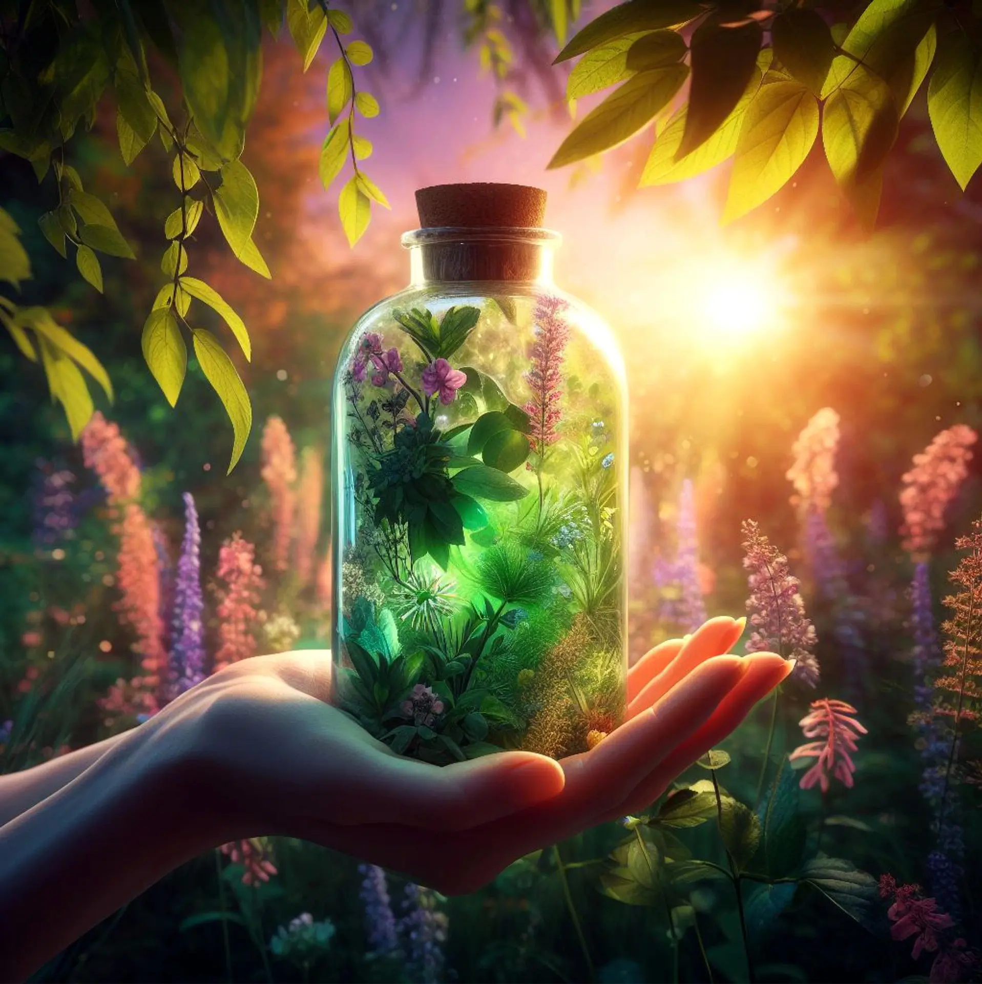 Une main tient délicatement une fiole en verre contenant des plantes et feuilles, au cœur d’un jardin lumineux et coloré.
