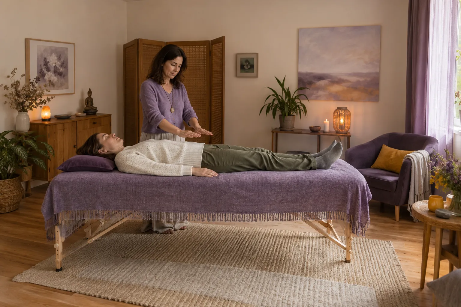 Une personne allongée sur une table de magnétisme recouverte d’un couvre-lit violet, tandis qu’une praticienne se tient