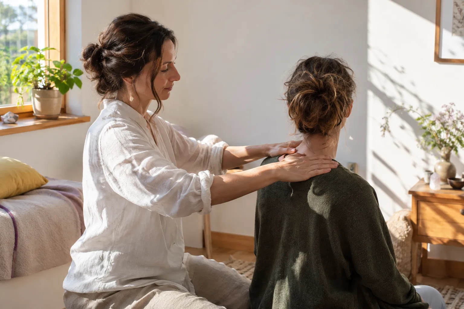 Une praticienne effectue un massage des épaules d'une personne assise dans une pièce lumineuse.