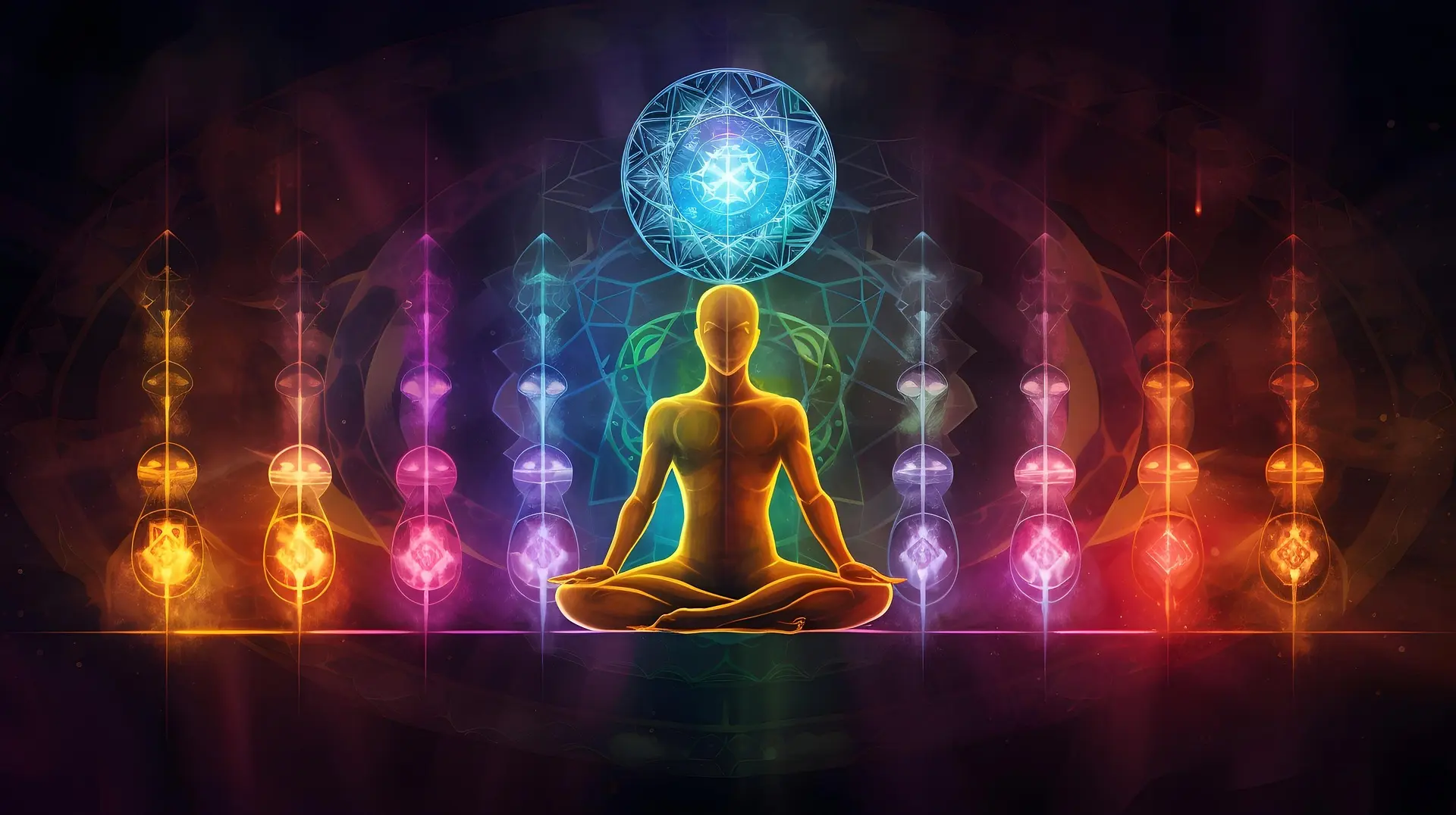 Scène spirituelle: silhouette humaine en méditation au centre, aura colorée et chakras lumineuses, motif géométrique bleu