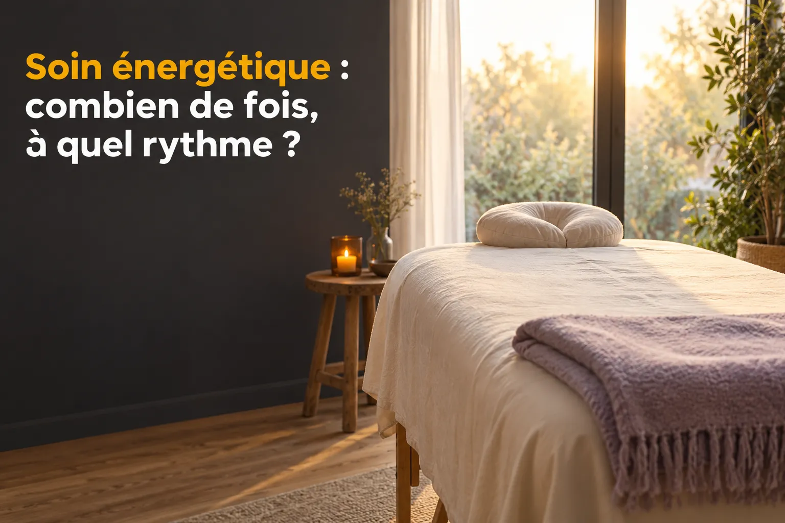 Table de soin énergétique prête dans une salle calme, avec une lumière naturelle et une couverture sur le lit.
